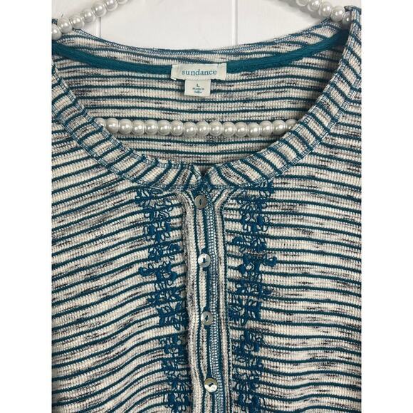 Sundance Cabin Cozy Up Henley Black/White Spaced Dyed with Teal Accents Size L - Picture 5 of 9